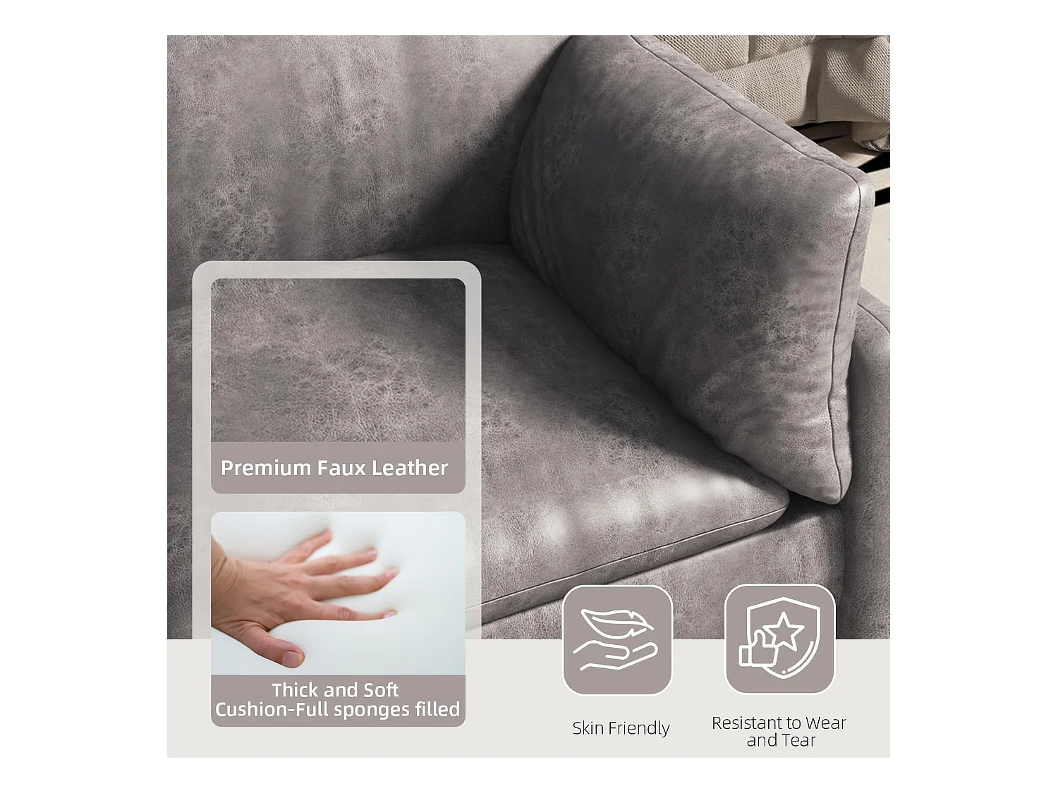 YODOLLA 3-Sitzer Ledersofa in Grau, moderne Couch groß für Wohnzimmer. Ideal für Wohnung, Schlafzimmer oder Home-Office.