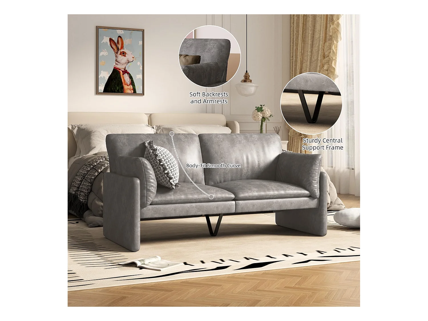 YODOLLA 3-Sitzer Ledersofa in Grau, moderne Couch groß für Wohnzimmer. Ideal für Wohnung, Schlafzimmer oder Home-Office.