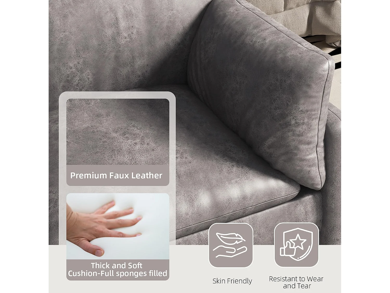 YODOLLA 3-Sitzer Ledersofa in Grau, moderne Couch groß für Wohnzimmer. Ideal für Wohnung, Schlafzimmer oder Home-Office.