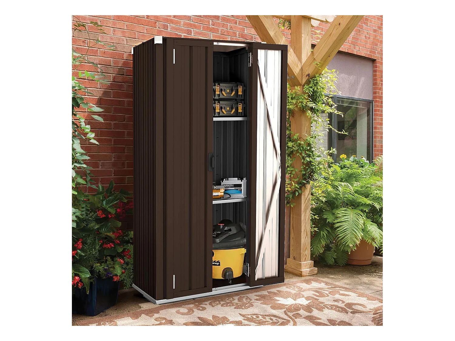 YODOLLA Gartenschrank, 76x56x178cm Geräteschuppen Metall, Wetterfest Outdoor-Schrank Lagerschuppen Hohe für Balkon, Rasenflächen und Hinterhöfe, Braun