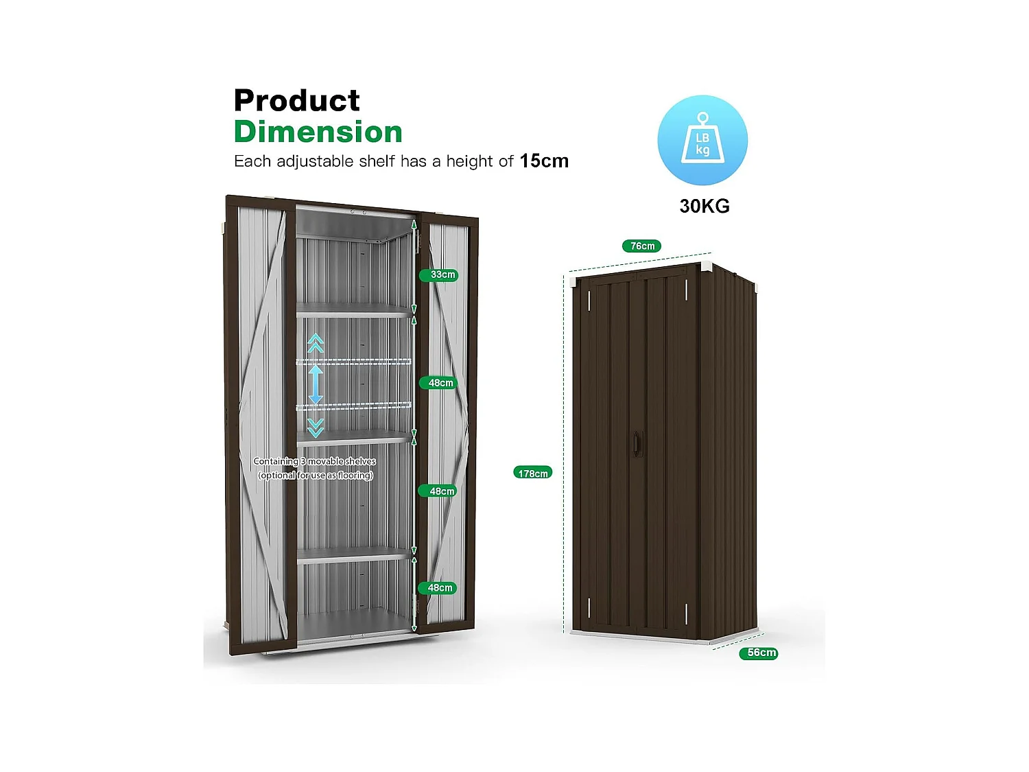 YODOLLA Gartenschrank, 76x56x178cm Geräteschuppen Metall, Wetterfest Outdoor-Schrank Lagerschuppen Hohe für Balkon, Rasenflächen und Hinterhöfe, Braun