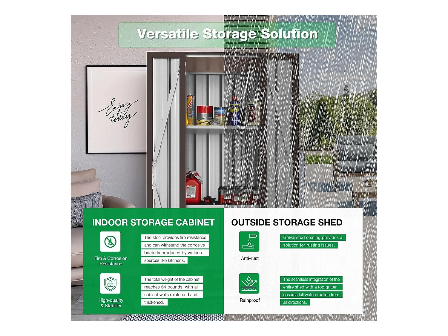 YODOLLA Gartenschrank, 76x56x178cm Geräteschuppen Metall, Wetterfest Outdoor-Schrank Lagerschuppen Hohe für Balkon, Rasenflächen und Hinterhöfe, Braun