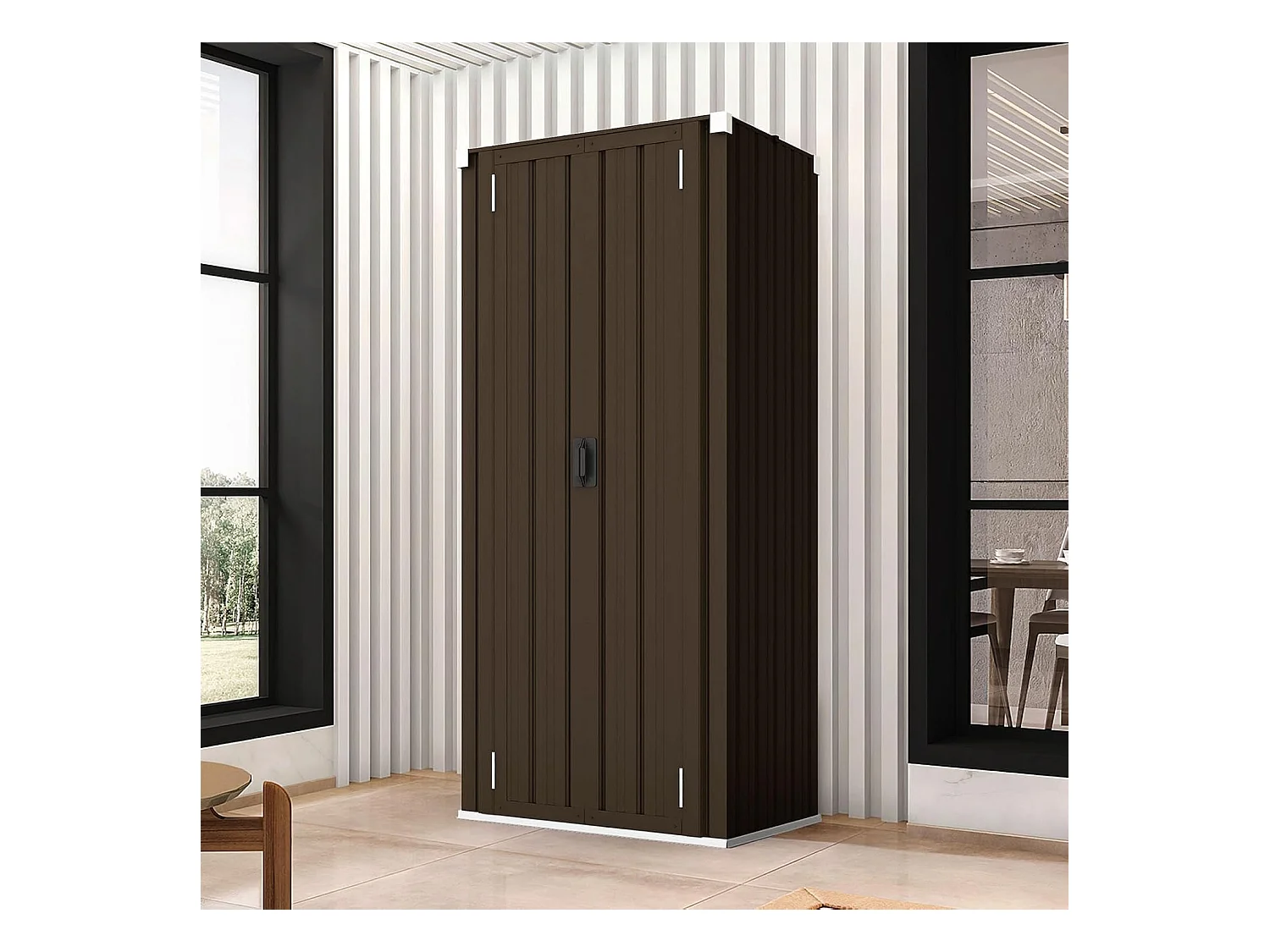 YODOLLA Gartenschrank, 76x56x178cm Geräteschuppen Metall, Wetterfest Outdoor-Schrank Lagerschuppen Hohe für Balkon, Rasenflächen und Hinterhöfe, Braun