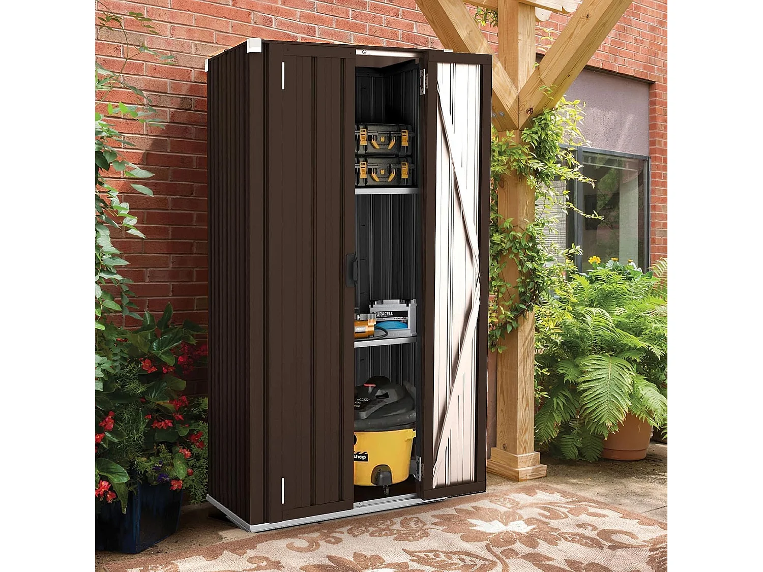 YODOLLA Gartenschrank, 76x56x178cm Geräteschuppen Metall, Wetterfest Outdoor-Schrank Lagerschuppen Hohe für Balkon, Rasenflächen und Hinterhöfe, Braun