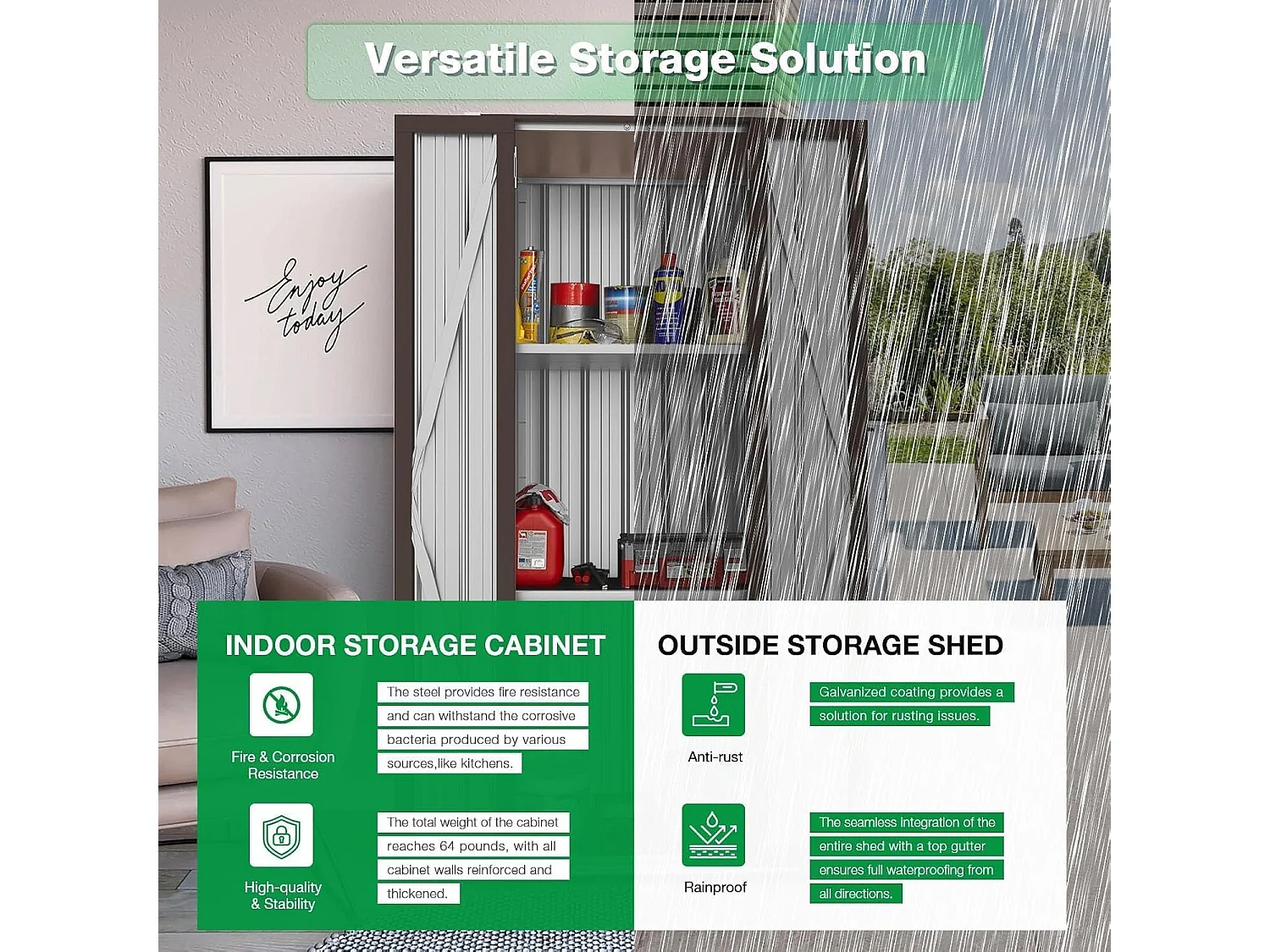 YODOLLA Gartenschrank, 76x56x178cm Geräteschuppen Metall, Wetterfest Outdoor-Schrank Lagerschuppen Hohe für Balkon, Rasenflächen und Hinterhöfe, Braun