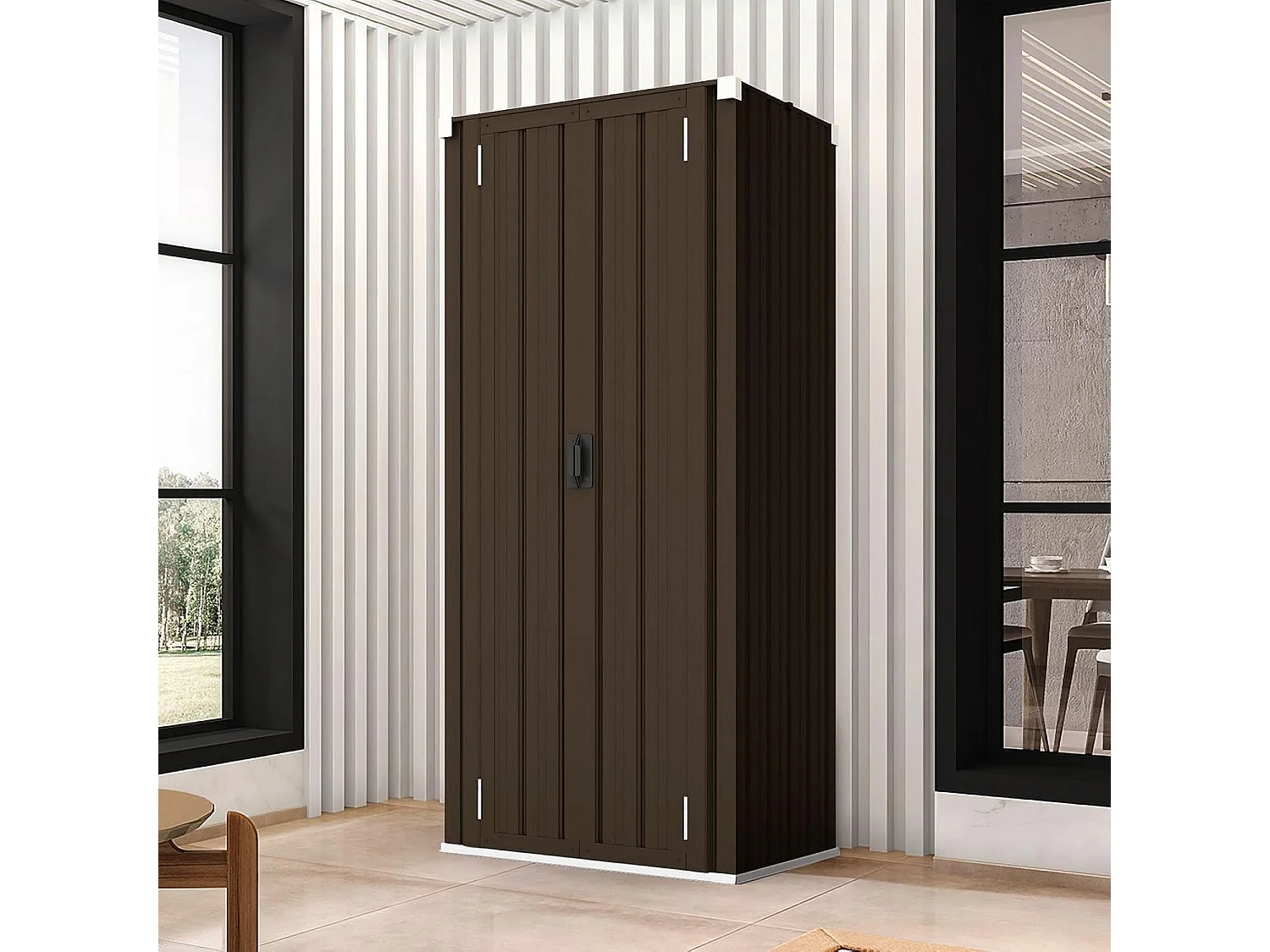 YODOLLA Gartenschrank, 76x56x178cm Geräteschuppen Metall, Wetterfest Outdoor-Schrank Lagerschuppen Hohe für Balkon, Rasenflächen und Hinterhöfe, Braun