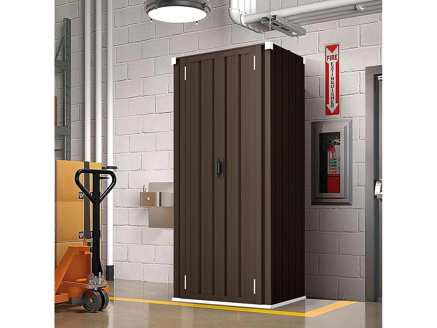 YODOLLA Gartenschrank, 76x56x178cm Geräteschuppen Metall, Wetterfest Outdoor-Schrank Lagerschuppen Hohe für Balkon, Rasenflächen und Hinterhöfe, Braun