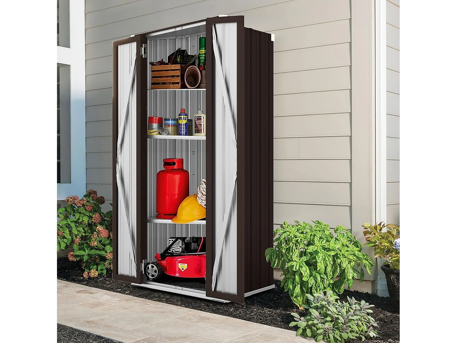 YODOLLA Gartenschrank, 76x56x178cm Geräteschuppen Metall, Wetterfest Outdoor-Schrank Lagerschuppen Hohe für Balkon, Rasenflächen und Hinterhöfe, Braun