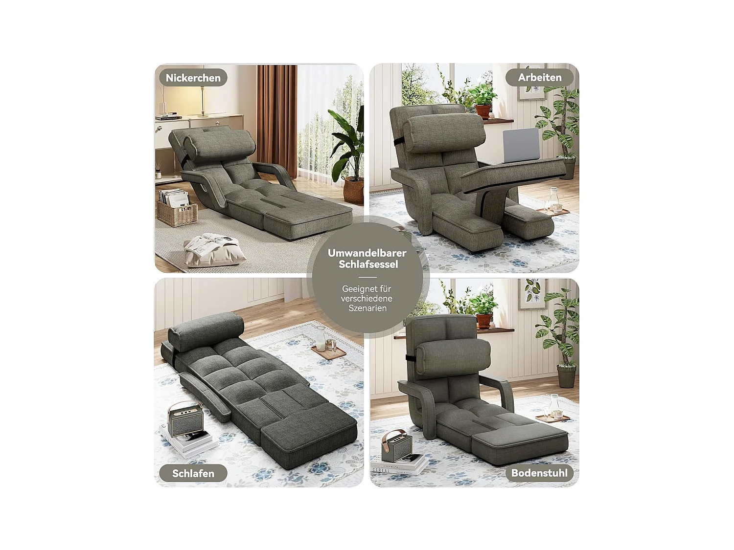 YODOLLA Verstellbarer Bodenstuhl mit Armlehnen, zusammenklappbar mit Kissen & Fußstütze für Schlafzimmer, Büro, Zuhause, Dunkelgrau