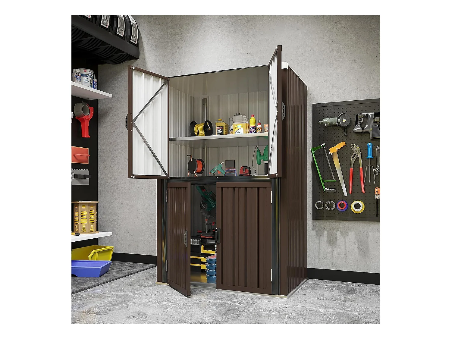 YODOLLA Gartenschrank mit verstellbaren Einlegeböden | Wetterfester Außenschrank | Metall-Garagenschrank| 118x76x178cm, Braun