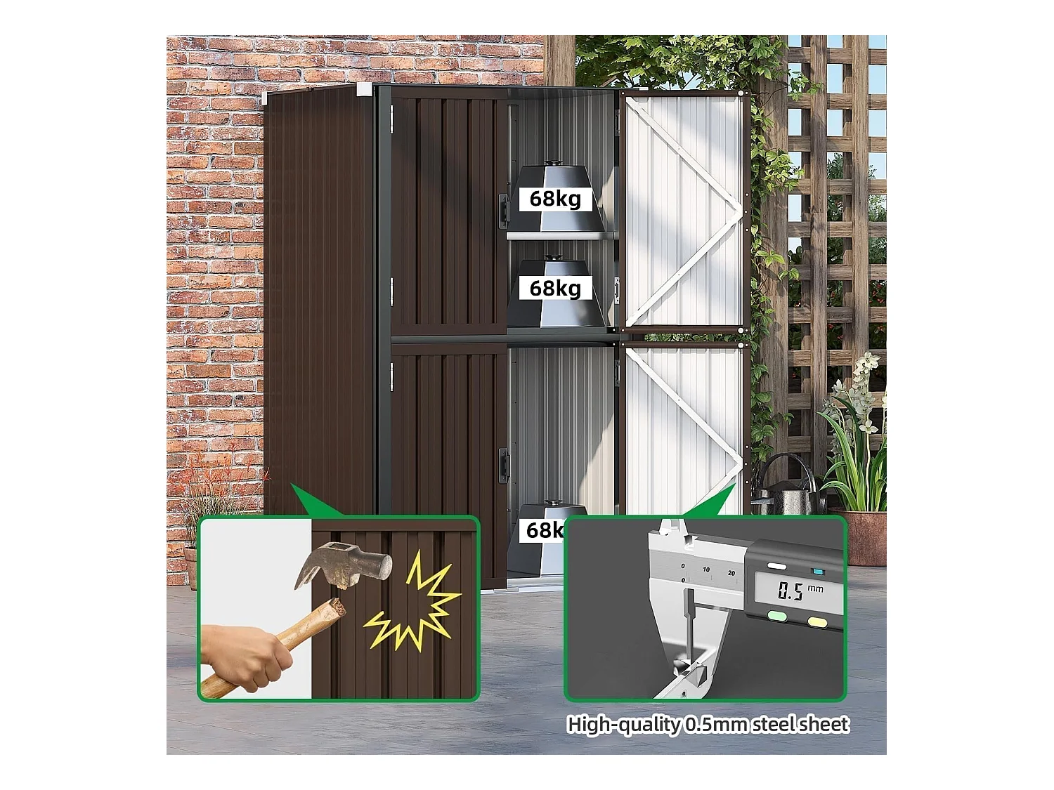 YODOLLA Gartenschrank mit verstellbaren Einlegeböden | Wetterfester Außenschrank | Metall-Garagenschrank| 118x76x178cm, Braun
