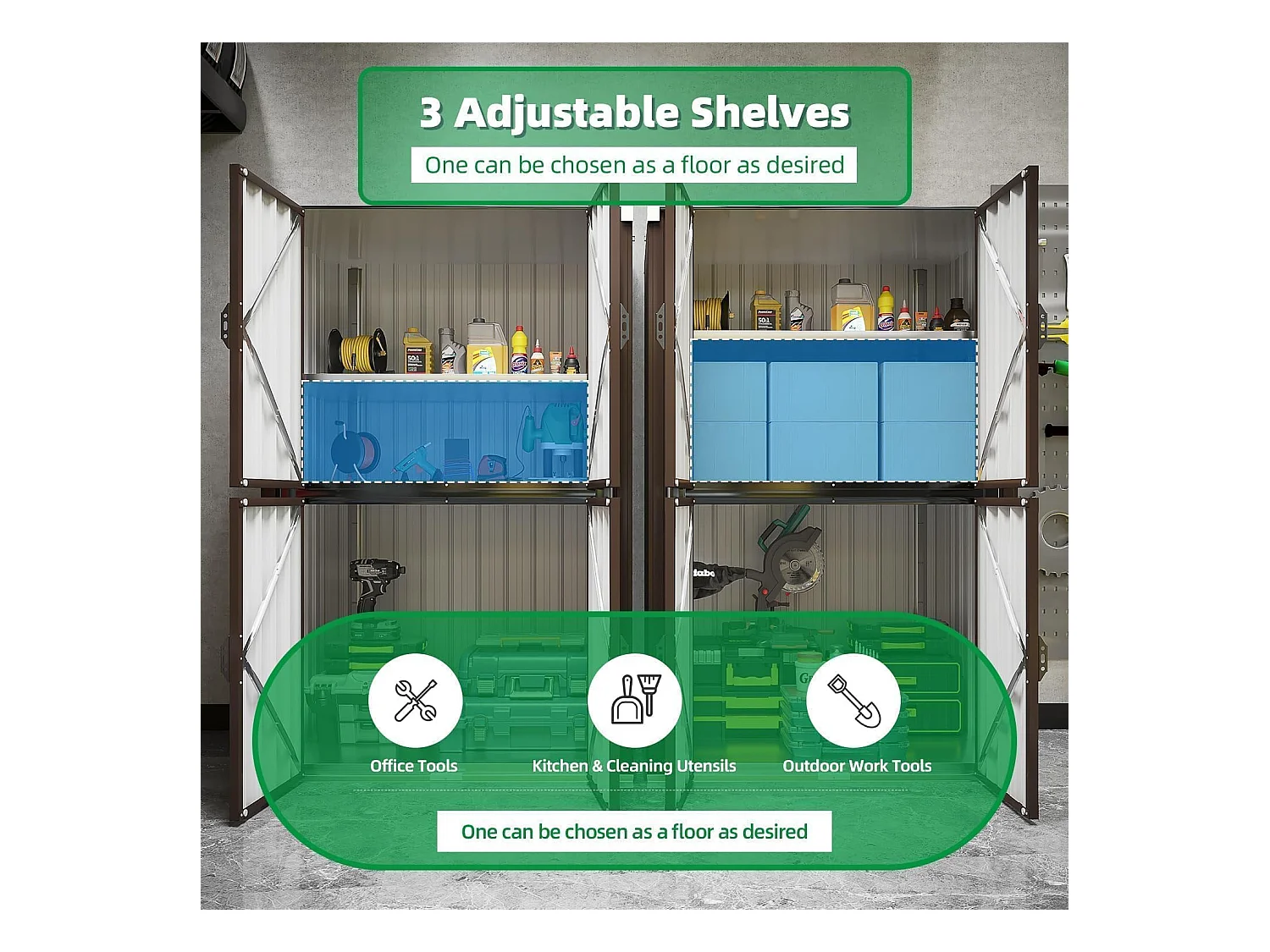 YODOLLA Gartenschrank mit verstellbaren Einlegeböden | Wetterfester Außenschrank | Metall-Garagenschrank| 118x76x178cm, Braun