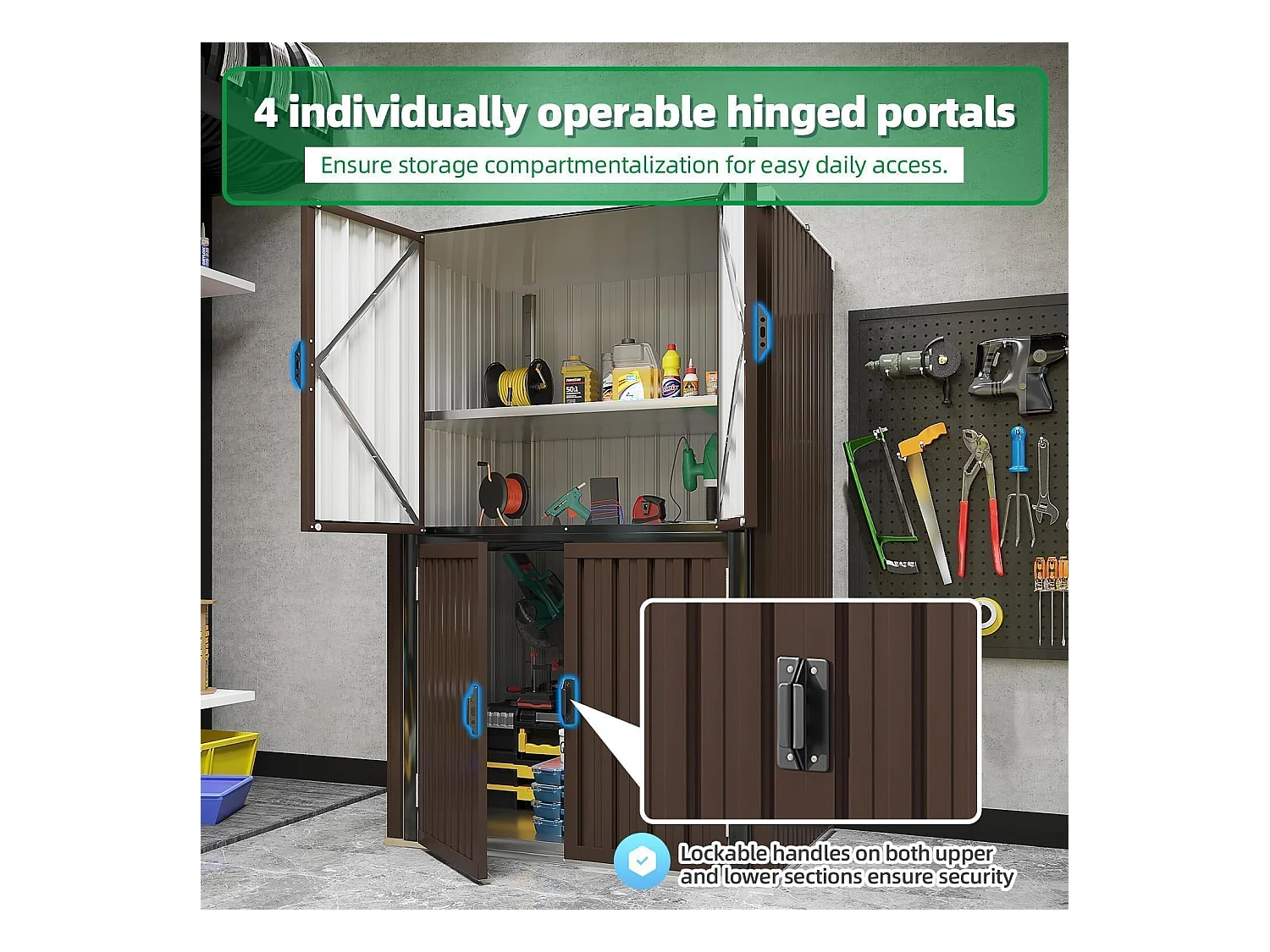 YODOLLA Gartenschrank mit verstellbaren Einlegeböden | Wetterfester Außenschrank | Metall-Garagenschrank| 118x76x178cm, Braun