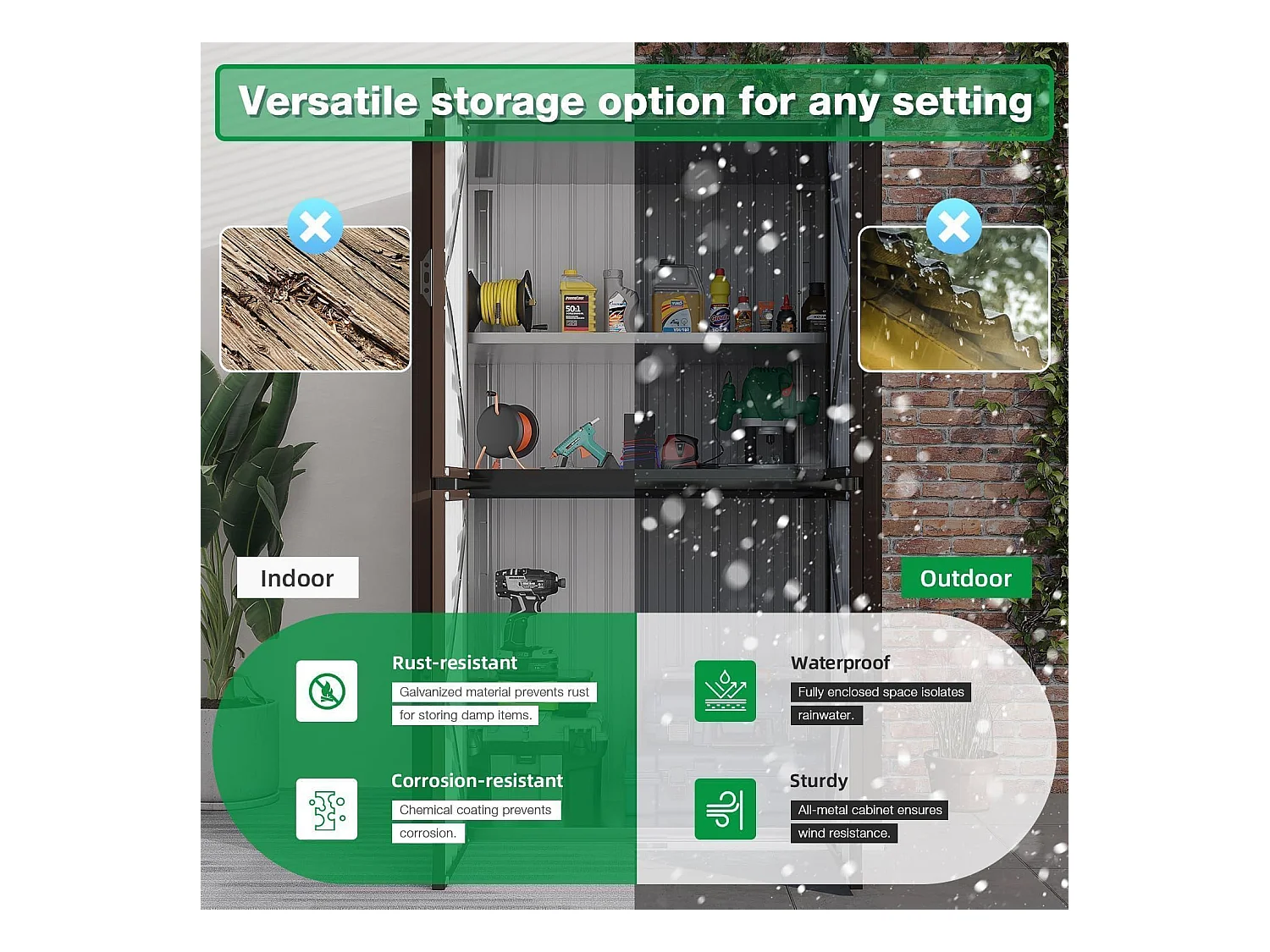 YODOLLA Gartenschrank mit verstellbaren Einlegeböden | Wetterfester Außenschrank | Metall-Garagenschrank| 118x76x178cm, Braun