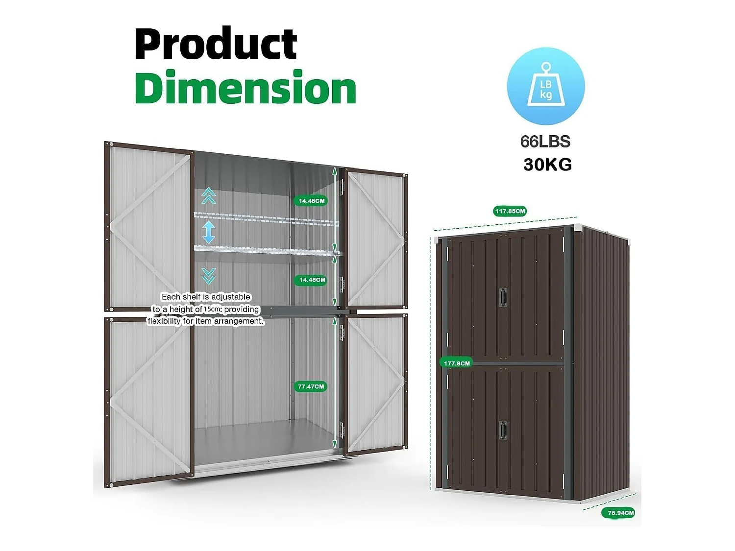YODOLLA Gartenschrank mit verstellbaren Einlegeböden | Wetterfester Außenschrank | Metall-Garagenschrank| 118x76x178cm, Braun