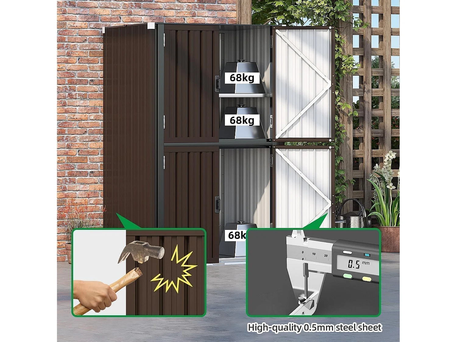 YODOLLA Gartenschrank mit verstellbaren Einlegeböden | Wetterfester Außenschrank | Metall-Garagenschrank| 118x76x178cm, Braun