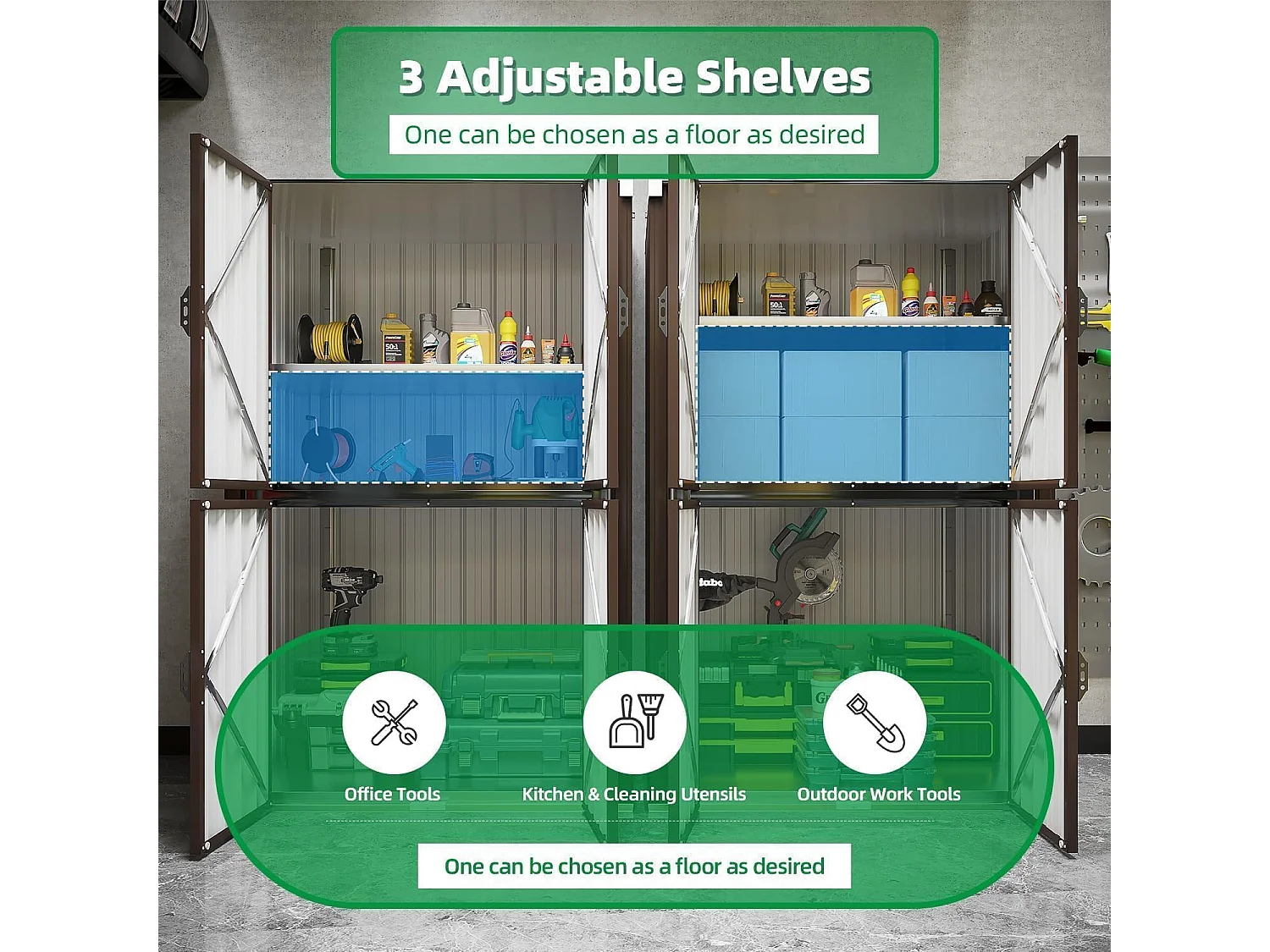 YODOLLA Gartenschrank mit verstellbaren Einlegeböden | Wetterfester Außenschrank | Metall-Garagenschrank| 118x76x178cm, Braun