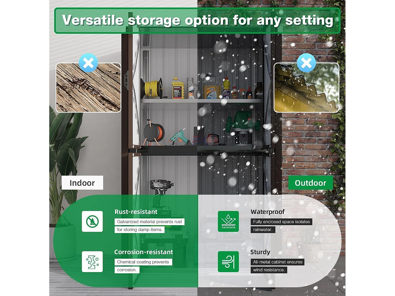 YODOLLA Gartenschrank mit verstellbaren Einlegeböden | Wetterfester Außenschrank | Metall-Garagenschrank| 118x76x178cm, Braun