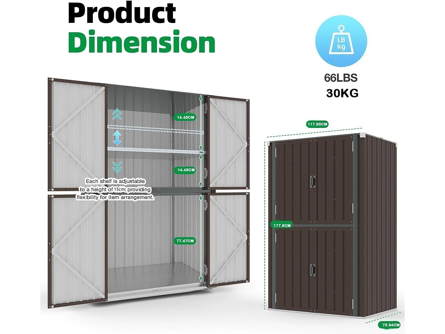 YODOLLA Gartenschrank mit verstellbaren Einlegeböden | Wetterfester Außenschrank | Metall-Garagenschrank| 118x76x178cm, Braun