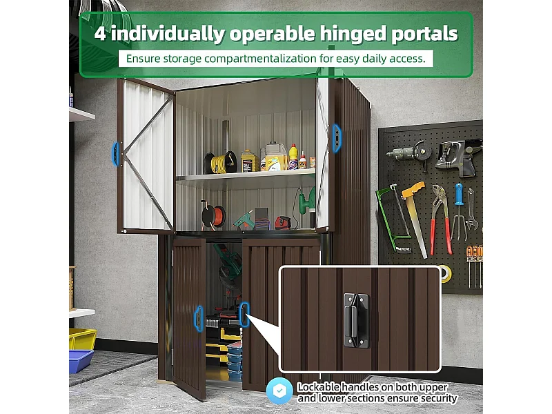 YODOLLA Gartenschrank mit verstellbaren Einlegeböden | Wetterfester Außenschrank | Metall-Garagenschrank| 118x76x178cm, Braun