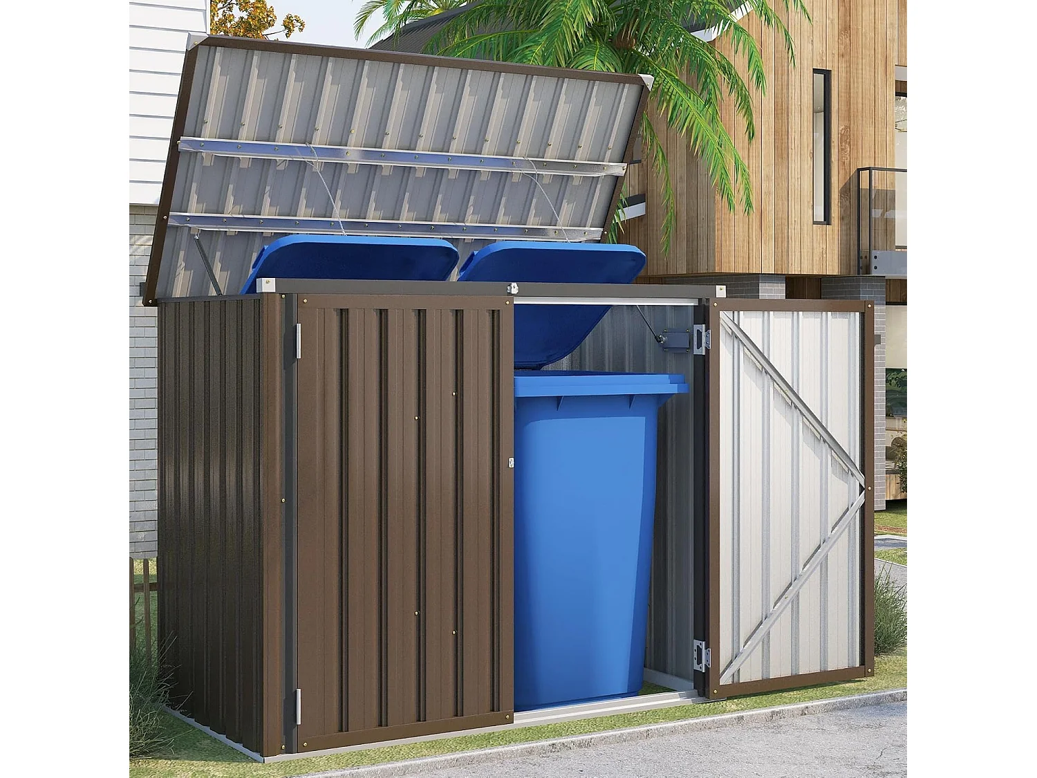 YODOLLA Mülltonnenbox 150,6x80x117,6cm / 1300L, abschließbar mit Gasdruckfeder, wetterfestes Gerätehaus für Außenbereich,Braun