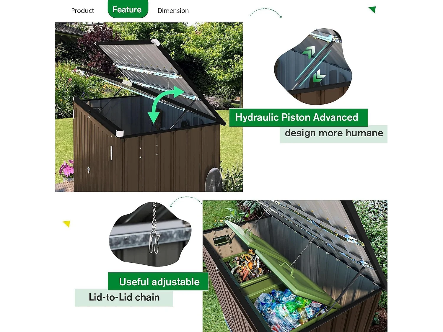 YODOLLA Mülltonnenbox 150,6x80x117,6cm / 1300L, abschließbar mit Gasdruckfeder, wetterfestes Gerätehaus für Außenbereich,Braun