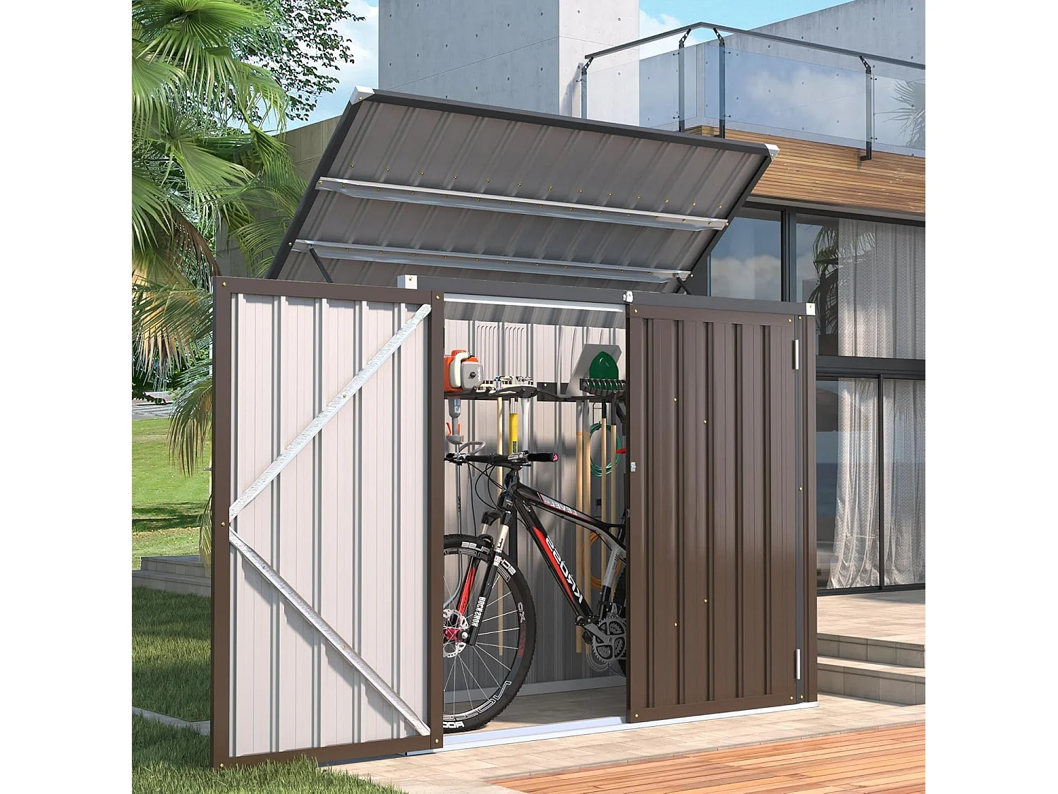 YODOLLA Mülltonnenbox 150,6x80x117,6cm / 1300L, abschließbar mit Gasdruckfeder, wetterfestes Gerätehaus für Außenbereich,Braun