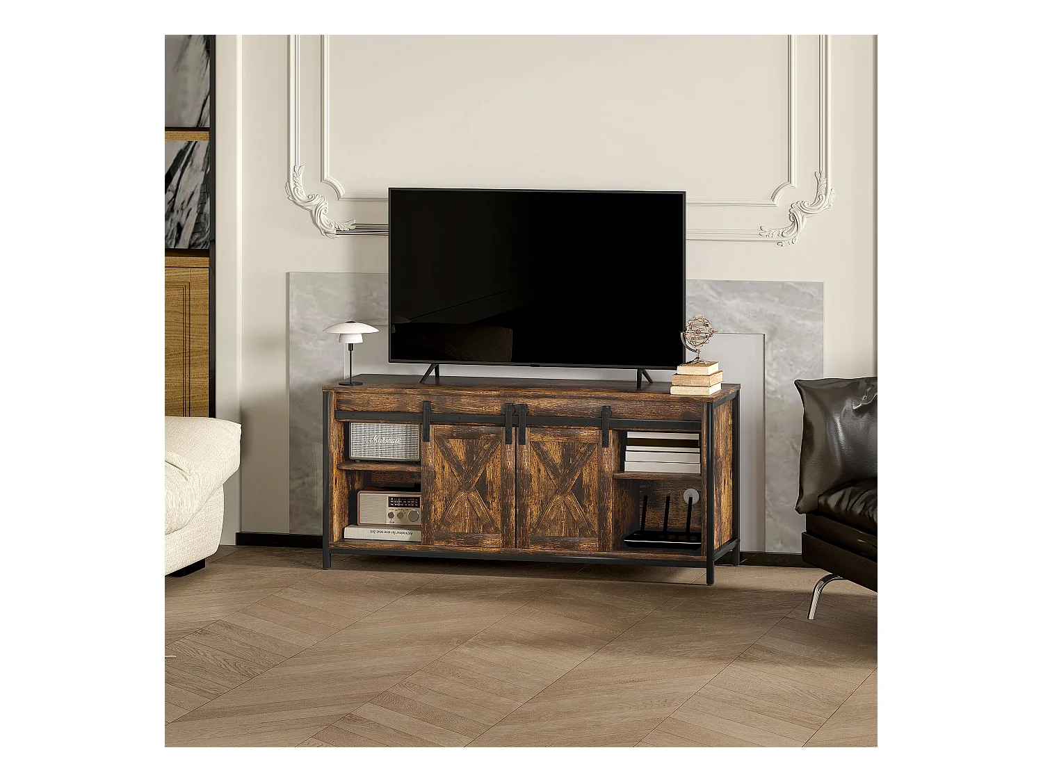 Meuble TV avec Étagères Réglables, Portes Imitation Grange, Cadre en Métal, Marron Rustique et Noir