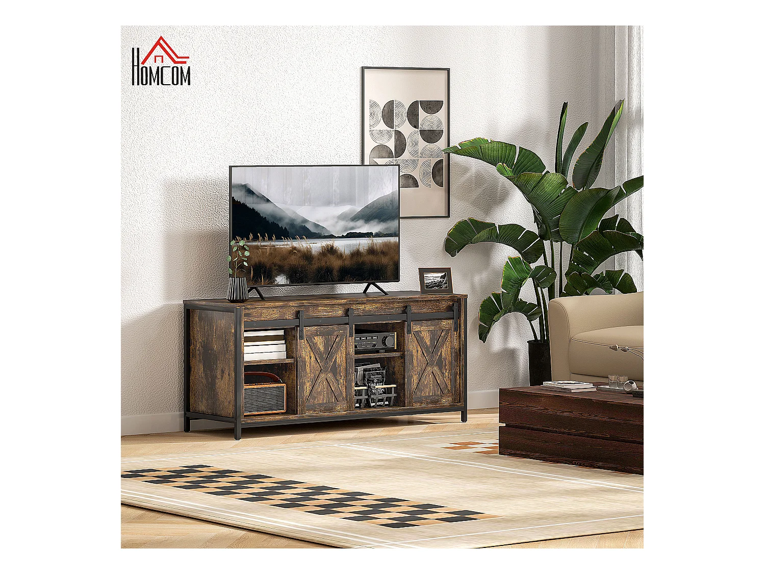 Meuble TV avec Étagères Réglables, Portes Imitation Grange, Cadre en Métal, Marron Rustique et Noir