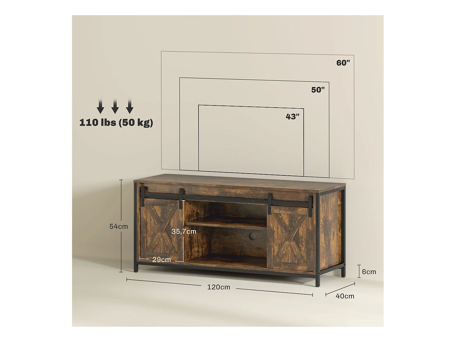 Meuble TV avec Étagères Réglables, Portes Imitation Grange, Cadre en Métal, Marron Rustique et Noir