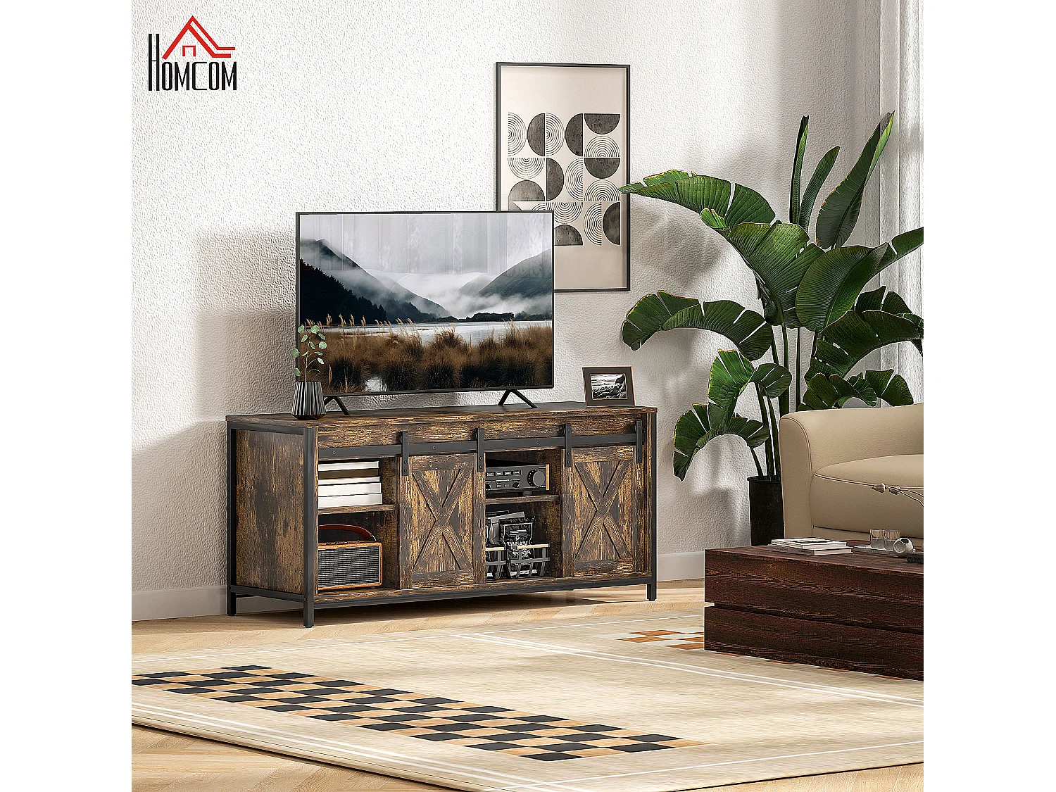 Tv-meubel met verstelbare planken, schuifdeuren in boerderijstijl, metalen frame, rustiek bruin en zwart.