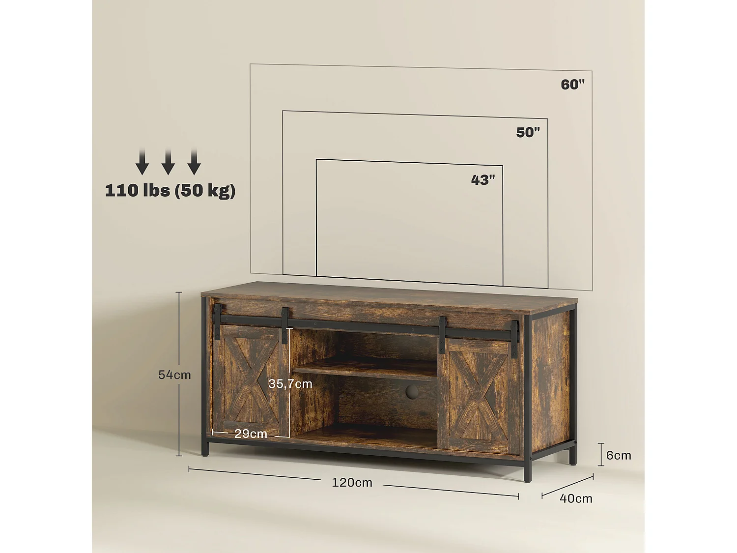 Tv-meubel met verstelbare planken, schuifdeuren in boerderijstijl, metalen frame, rustiek bruin en zwart.
