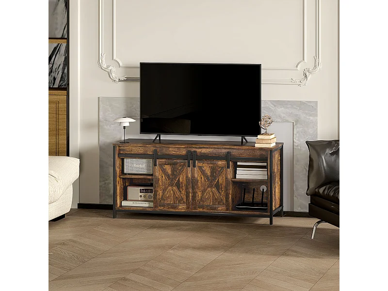 Mueble de TV con estantes ajustables, puertas estilo granero, estructura de metal, color marrón rústico y negro