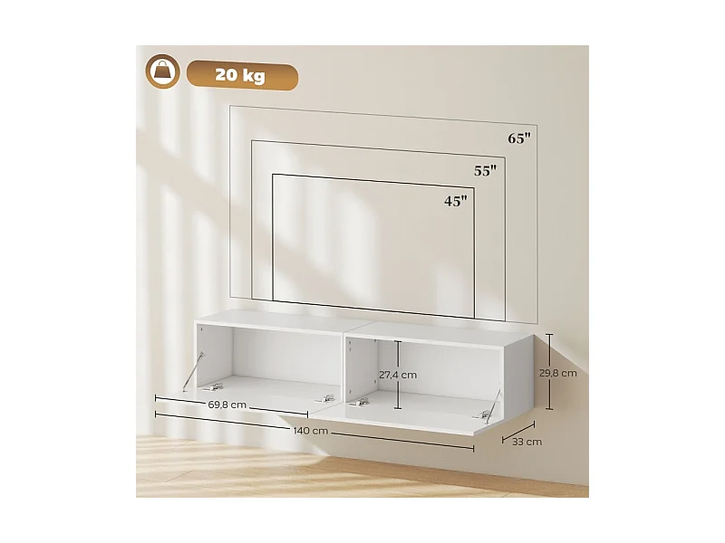 Móvel de TV de parede com 2 portas, móvel de TV de parede para sala e quarto, branco