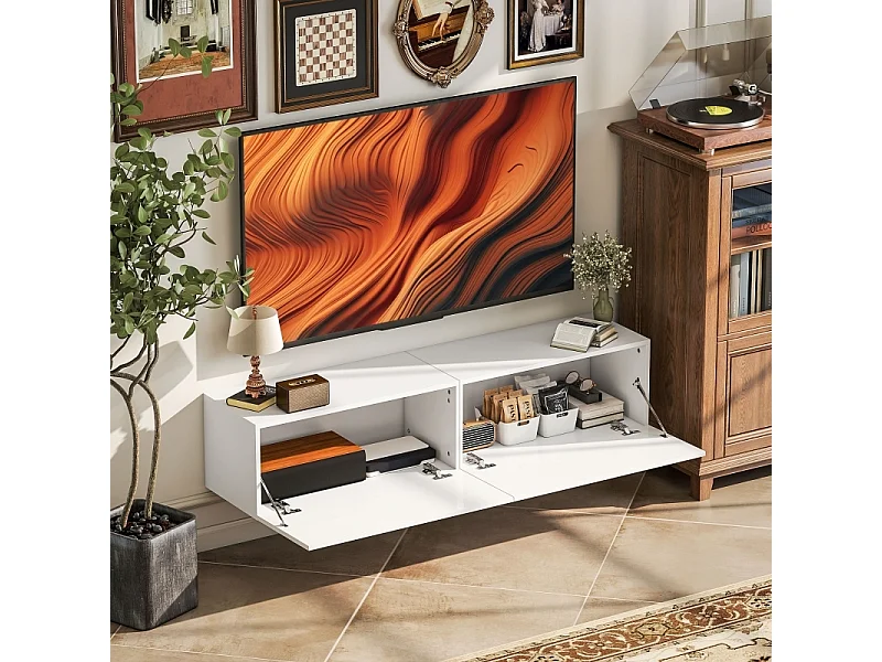 Meuble TV Blanc, Meuble Tele Peut être Suspendu ou Posé au Sol, 2 avec Portes, Convient pour Salon