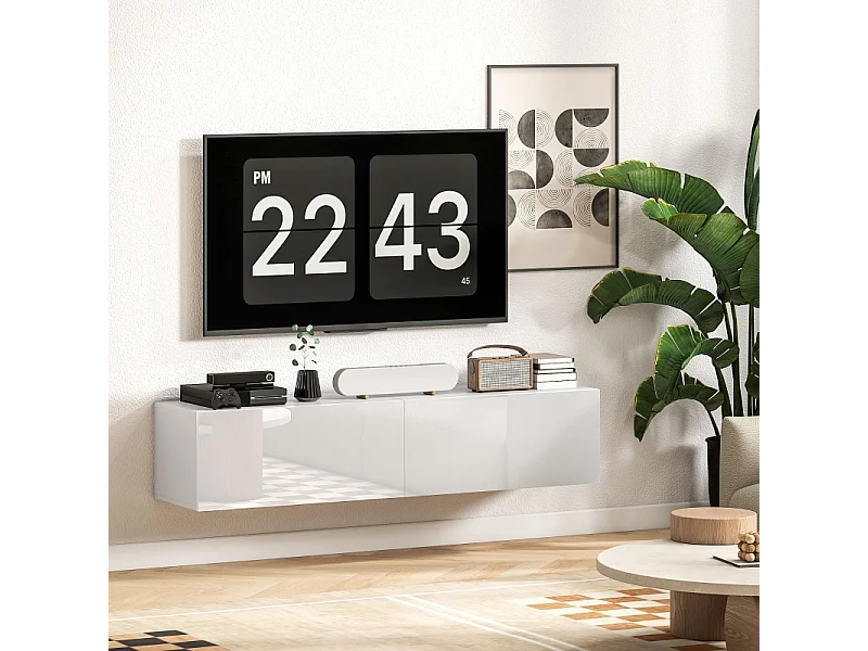 Meuble TV Blanc, Meuble Tele Peut être Suspendu ou Posé au Sol, 2 avec Portes, Convient pour Salon