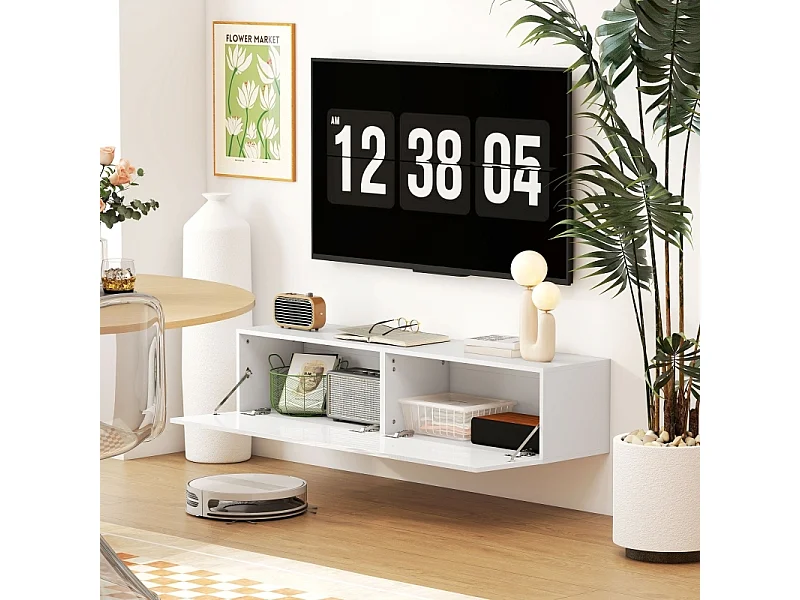Meuble TV Blanc, Meuble Tele Peut être Suspendu ou Posé au Sol, 2 avec Portes, Convient pour Salon
