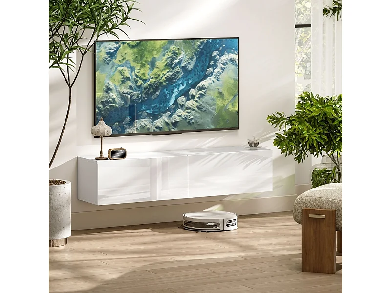 Meuble TV Blanc, Meuble Tele Peut être Suspendu ou Posé au Sol, 2 avec Portes, Convient pour Salon