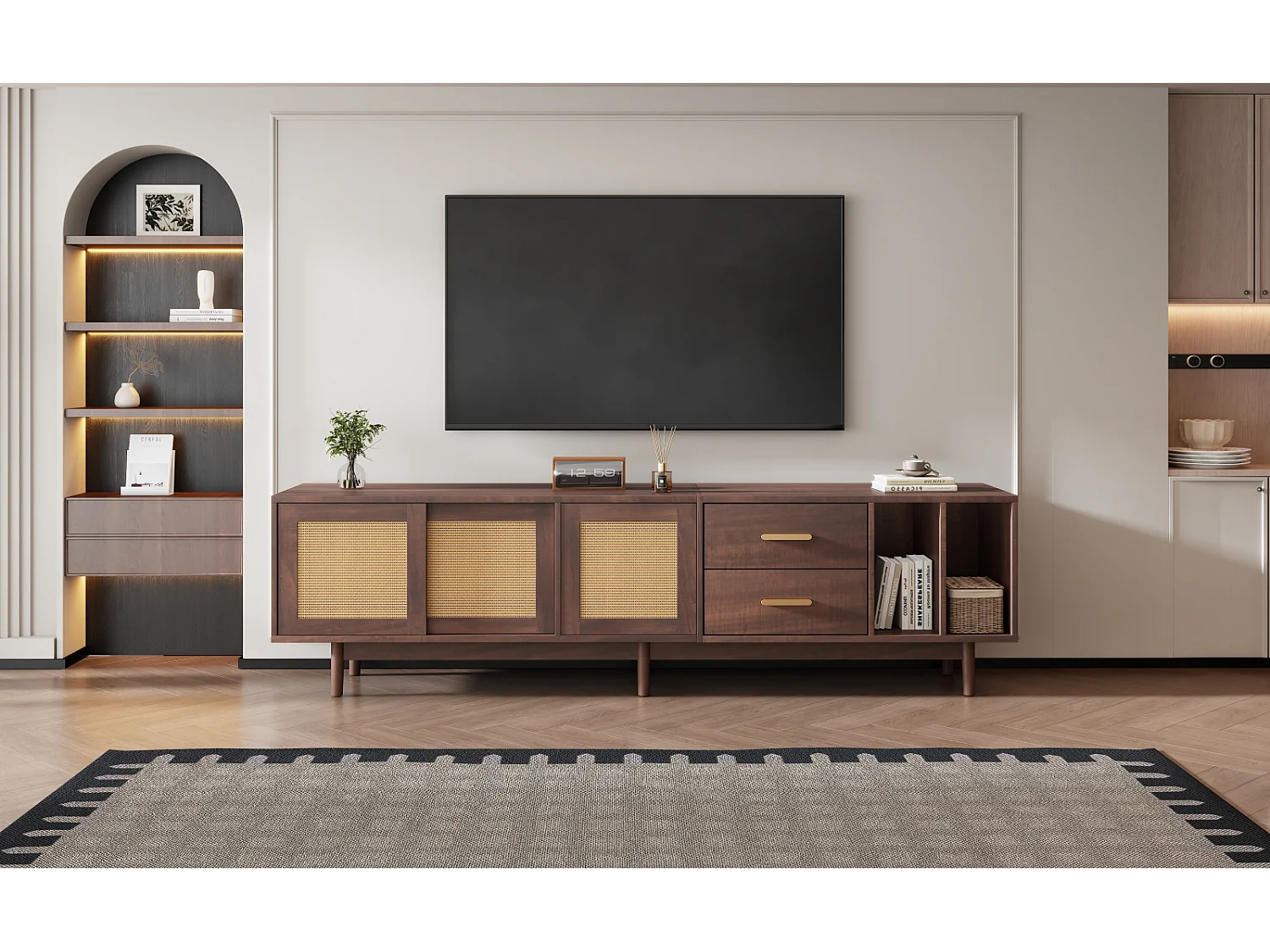 190 cm TV-Schrank Placard de Rangement, Lowboard avec tiroirs, MDF Marron avec Rattan