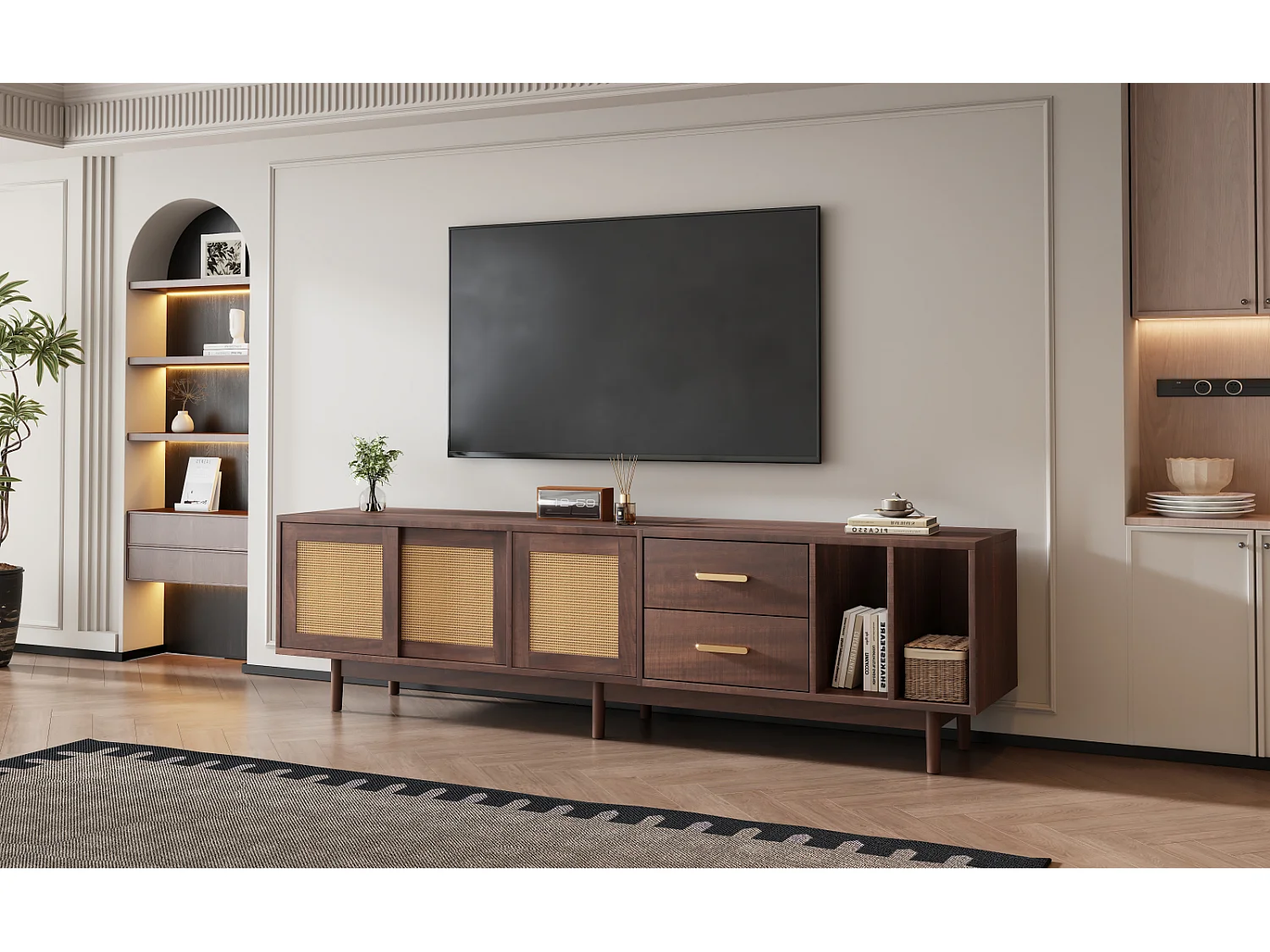 190 cm TV-Schrank Placard de Rangement, Lowboard avec tiroirs, MDF Marron avec Rattan