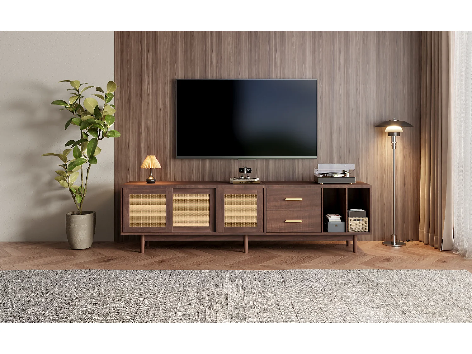 190 cm TV-Schrank Placard de Rangement, Lowboard avec tiroirs, MDF Marron avec Rattan