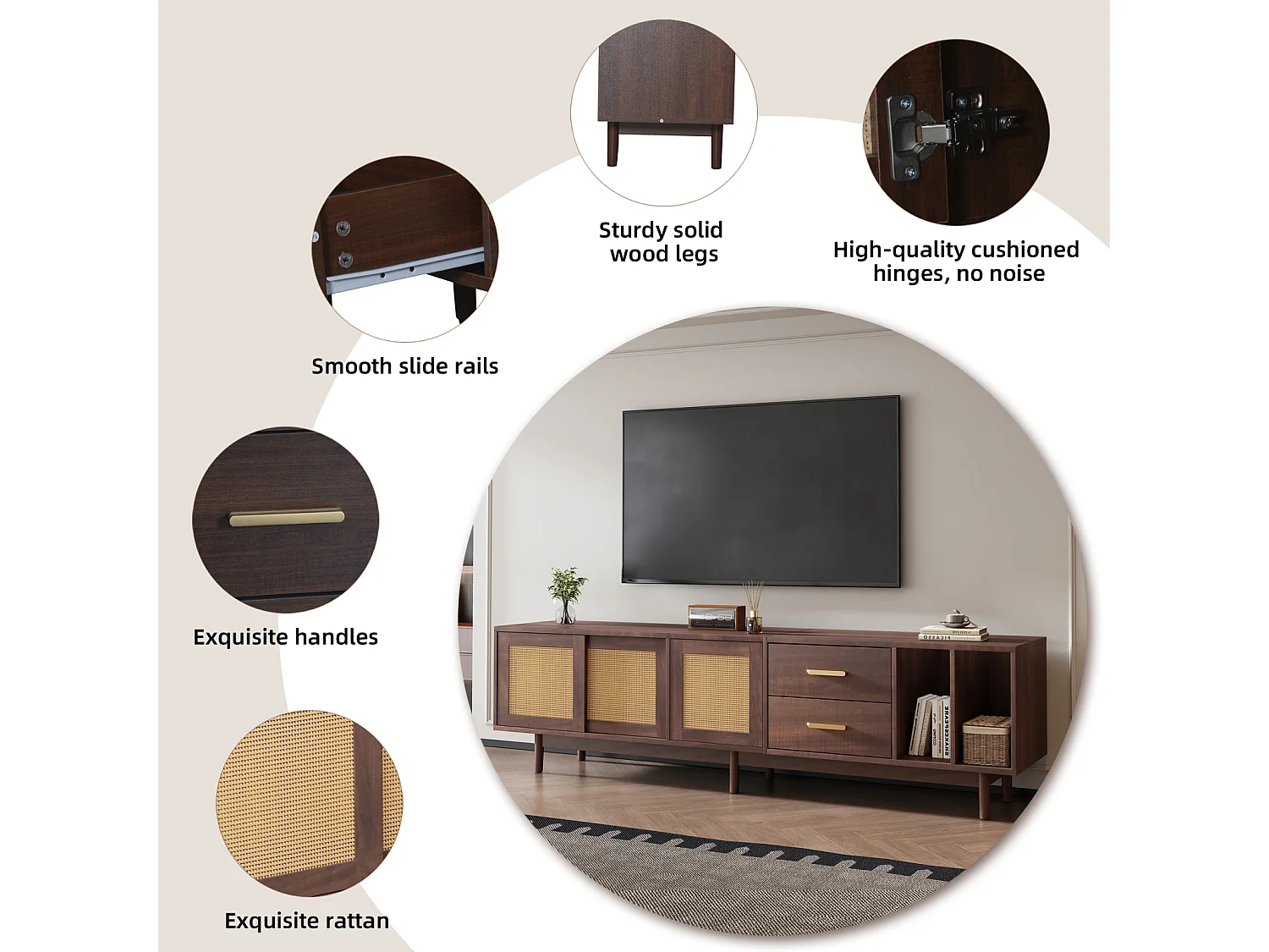 190 cm TV-Schrank Placard de Rangement, Lowboard avec tiroirs, MDF Marron avec Rattan