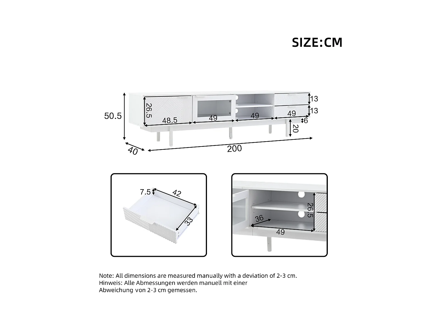 Meuble TV bas, 200 cm de long, avec 2 portes, 2 tiroirs, pour salle à manger, salon, Blanc