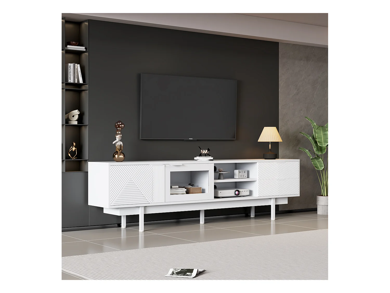 Meuble TV bas, 200 cm de long, avec 2 portes, 2 tiroirs, pour salle à manger, salon, Blanc