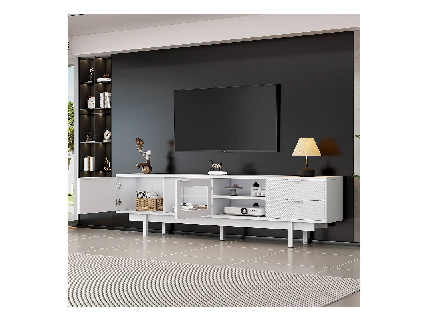 Meuble TV bas, 200 cm de long, avec 2 portes, 2 tiroirs, pour salle à manger, salon, Blanc