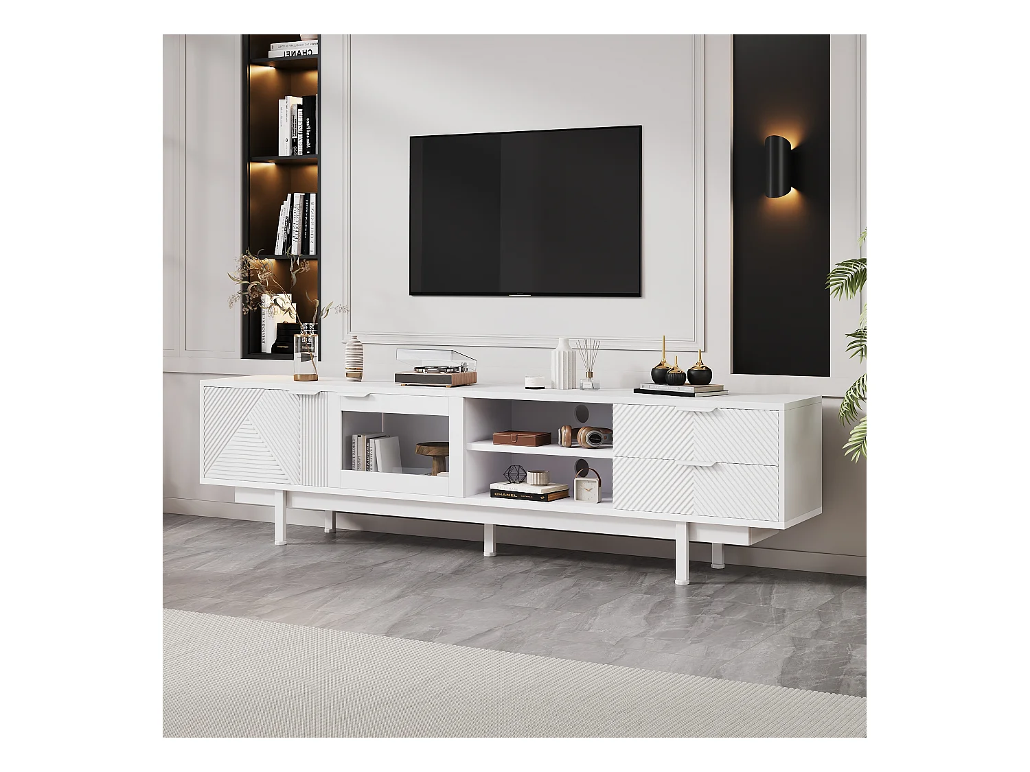 Mueble TV bajo, 200 cm de largo, con 2 puertas, 2 cajones, para comedor, salón, Blanco