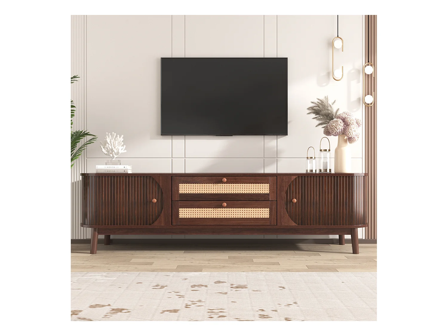Meuble TV Bois 170cm, Massif et Rotin, Porte Coulissantes e Tiroirs, Banc TV avec Rangement, Marron
