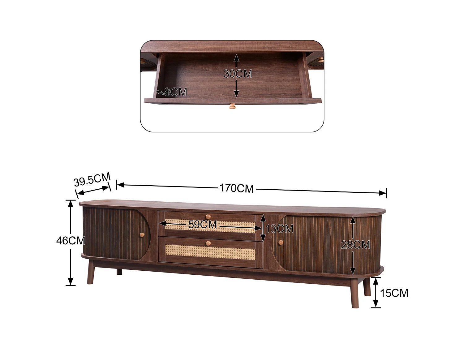 Meuble TV Bois 170cm, Massif et Rotin, Porte Coulissantes e Tiroirs, Banc TV avec Rangement, Marron