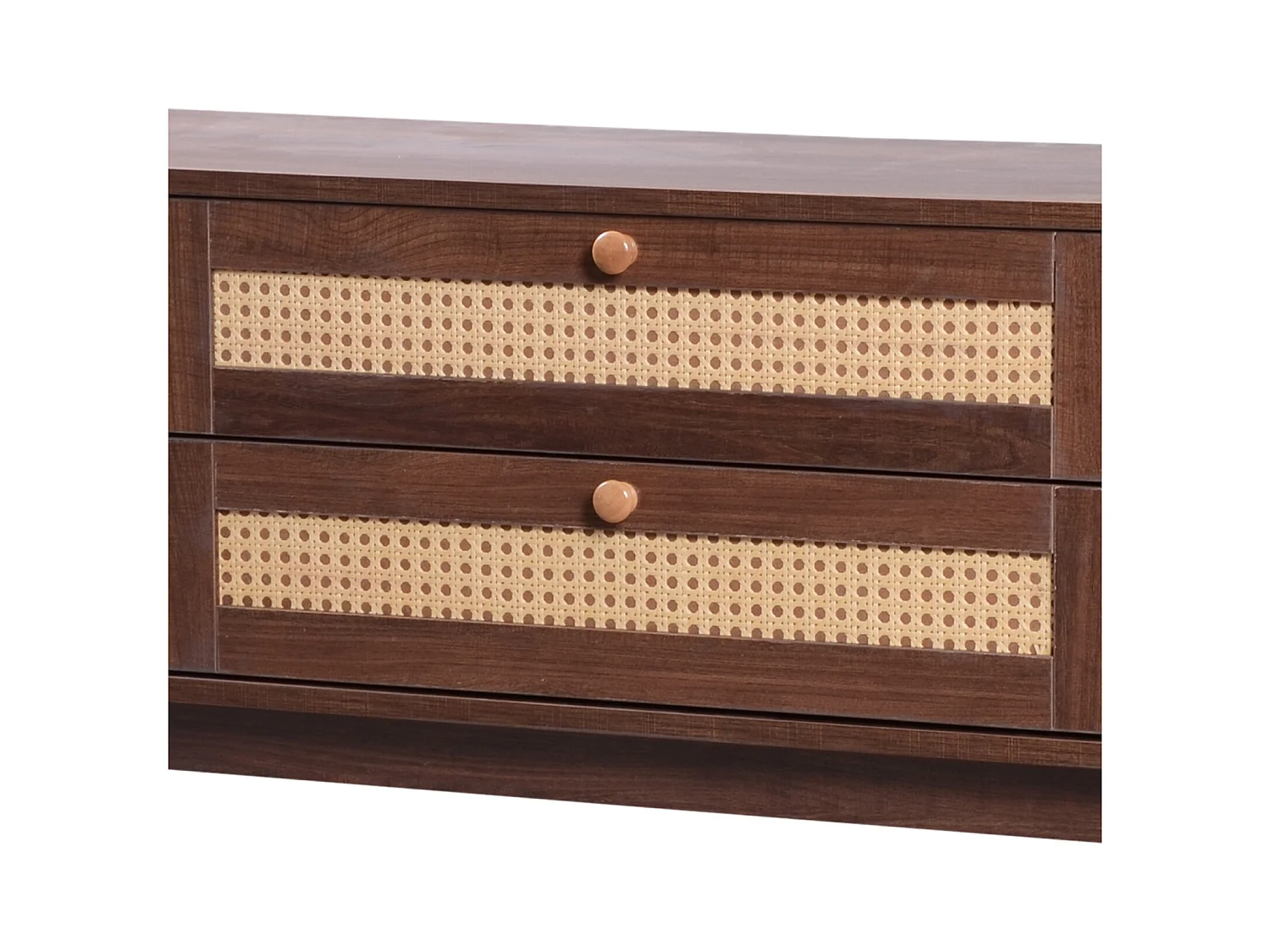 Meuble TV Bois 170cm, Massif et Rotin, Porte Coulissantes e Tiroirs, Banc TV avec Rangement, Marron