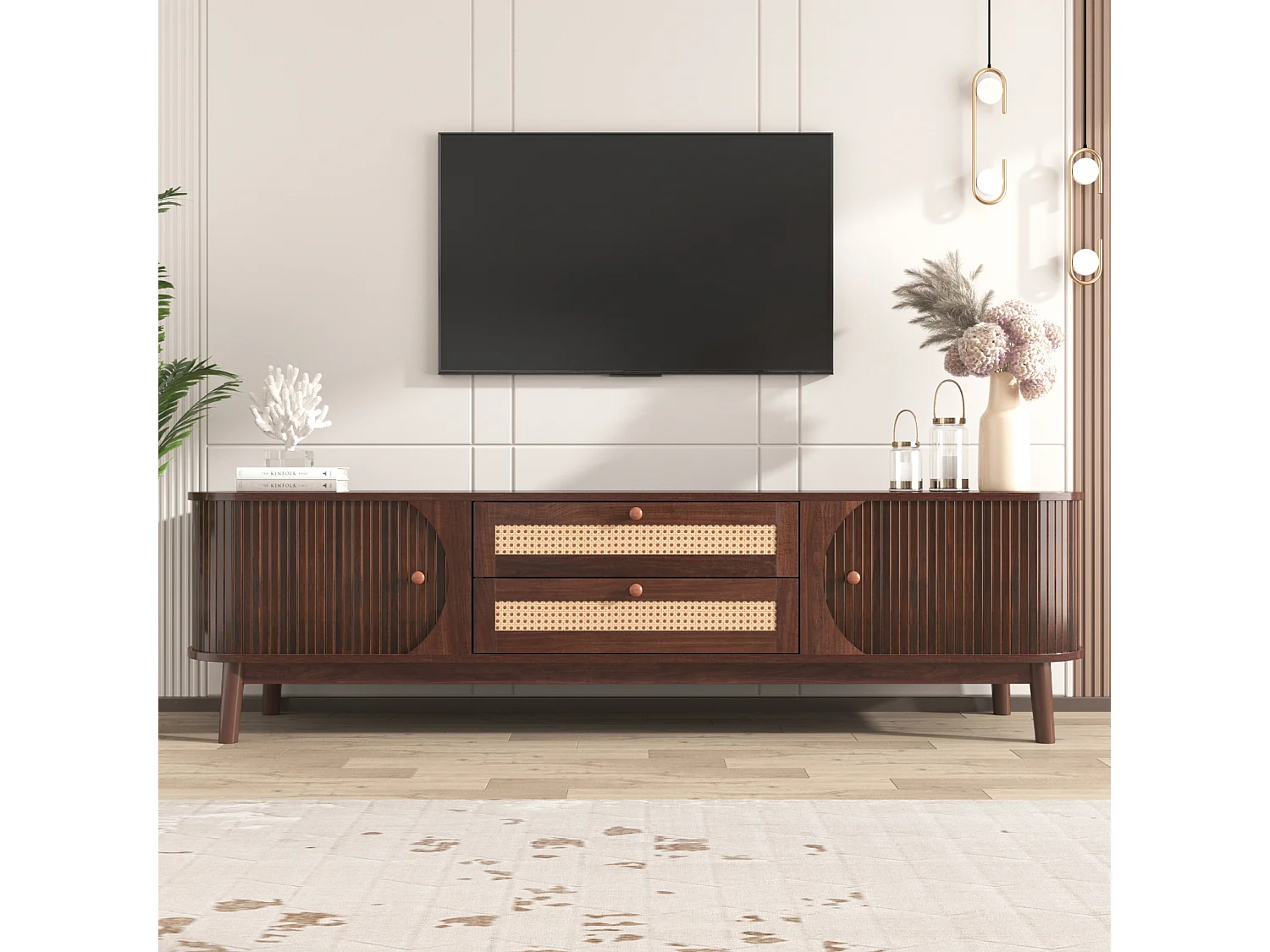 Meuble TV Bois 170cm, Massif et Rotin, Porte Coulissantes e Tiroirs, Banc TV avec Rangement, Marron